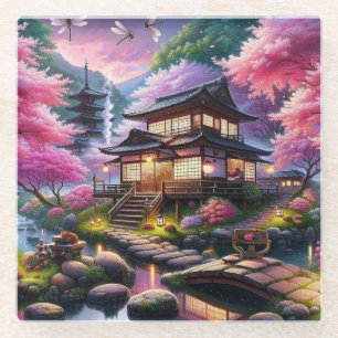 Serene Japanese Garden at Dusk Painting Glass Coaster