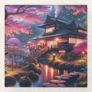 Serene Japanese Garden at Twilight Painting Glass Coaster