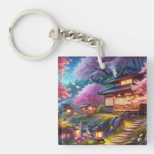 Serene Japanese Garden at Twilight Painting Key Ring
