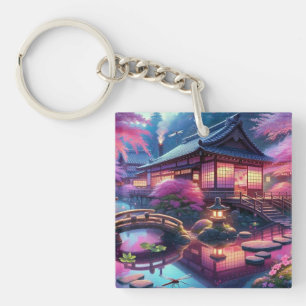 Serene Japanese Garden at Twilight Painting Key Ring