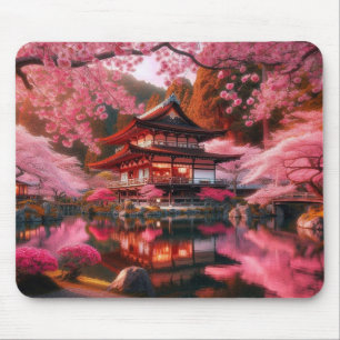 Serene Japanese Garden in Full Bloom Painting Mouse Pad