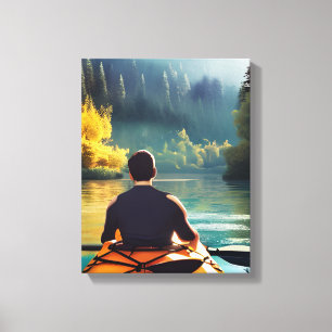 Serene Kayaking Scene Man in Kayak in Mountains Canvas Print