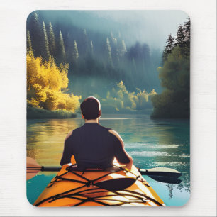 Serene Kayaking Scene   Man in Kayak in Mountains Mouse Pad