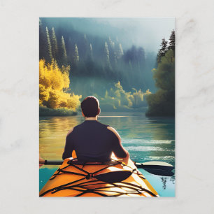 Serene Kayaking Scene   Man in Kayak in Mountains Postcard