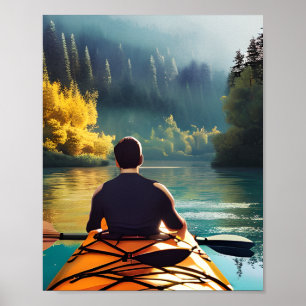Serene Kayaking Scene   Man in Kayak in Mountains Poster