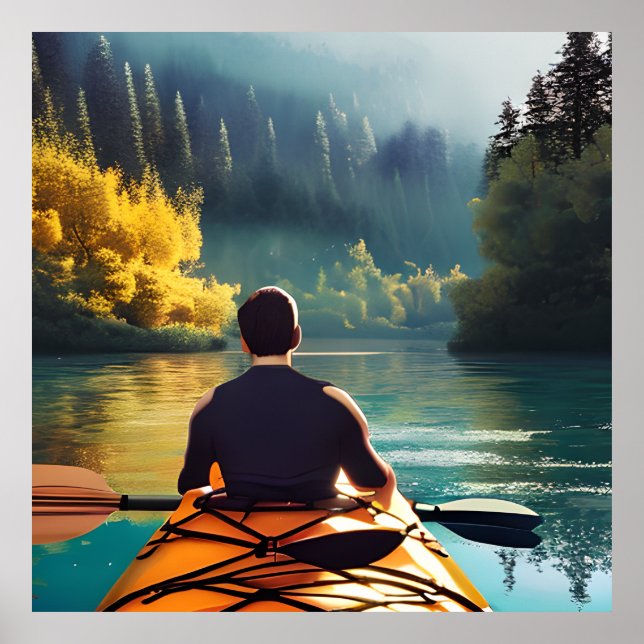 Serene Kayaking Scene | Man in Kayak in Mountains Poster (Front)