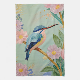Serene Kingfisher in a Floral Paradise Tea Towel