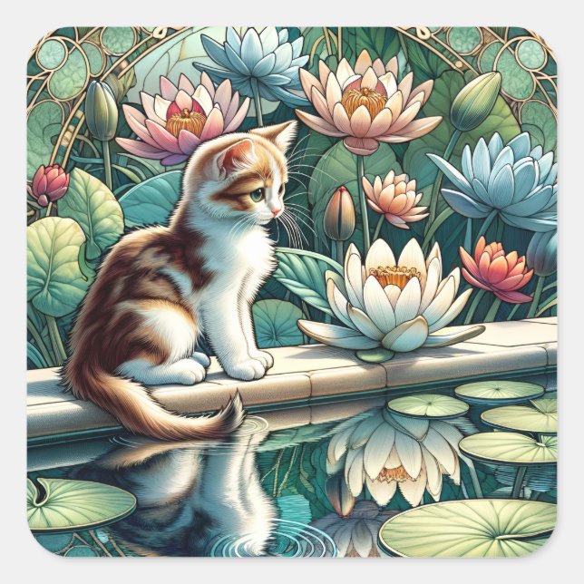 Serene Kitten Waterlily Art Nouveau Square Sticker (Front)