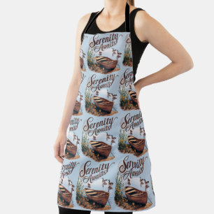 Serene Lake Boat with Geese and Wildflowers Apron