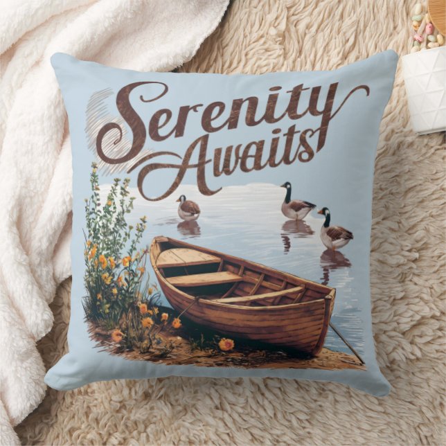 Serene Lake Boat with Geese and Wildflowers Cushion (Blanket)