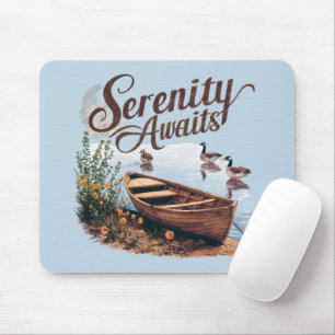 Serene Lake Boat with Geese and Wildflowers Mouse Pad
