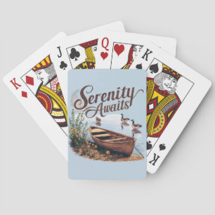Serene Lake Boat with Geese and Wildflowers Playing Cards