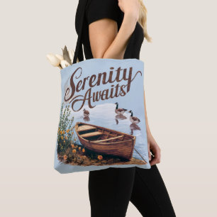 Serene Lake Boat with Geese and Wildflowers Tote Bag