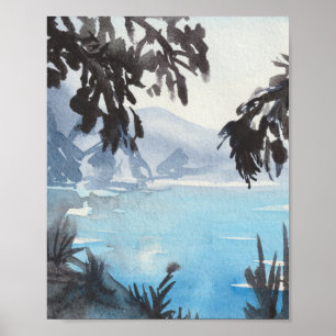 Serene Lake Landscape Watercolor Wall Art Print