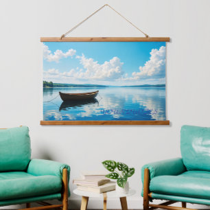 Serene Lake Landscape with Wooden Rowboat Hanging Tapestry