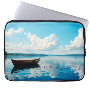 Serene Lake Landscape with Wooden Rowboat Laptop Sleeve