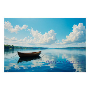 Serene Lake Landscape with Wooden Rowboat Poster