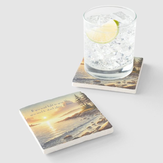 Serene Lake & Quote	 Stone Coaster (Side)