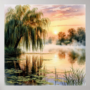 Serene Lake Sunrise with Willow Tree Poster