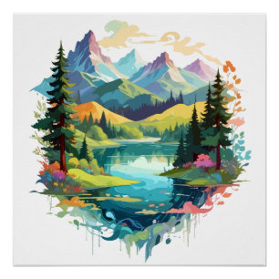 Serene Landscape Calm Tranquil Nature Mountains Poster