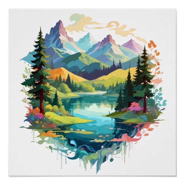 Serene Landscape Calm Tranquil Nature Mountains Poster (Front)