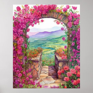 Serene Landscape in Climbing Rose Archway Poster