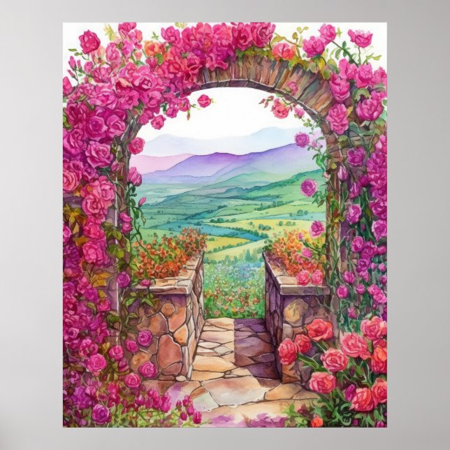 Serene Landscape in Climbing Rose Archway Poster (Front)
