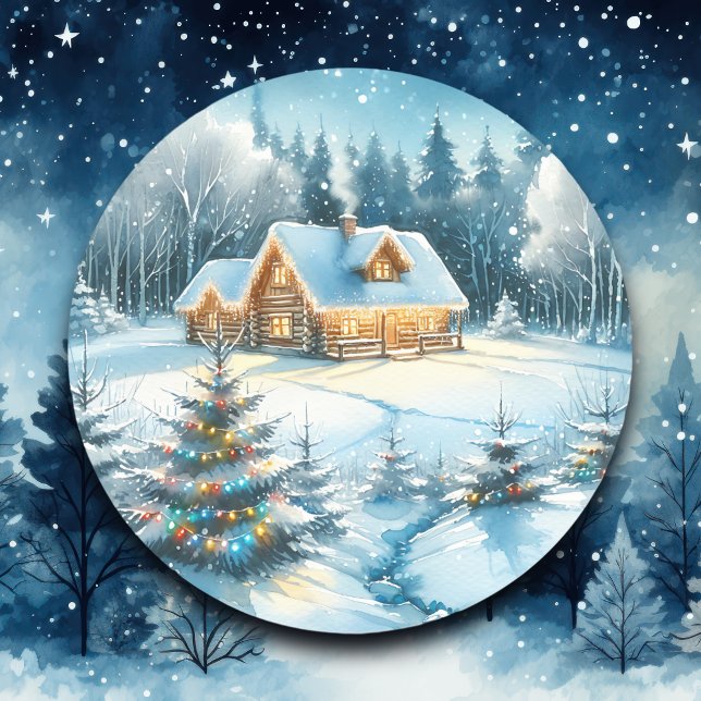 Serene Log Cabin in a Winter Forest Classic Round Sticker (Creator Uploaded)