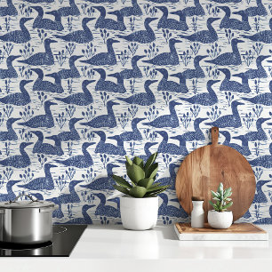 Serene Loon Pattern Blue and White Nature Design Wallpaper