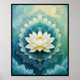 Serene Lotus Mandala: Blue & Green Meditation Art Poster