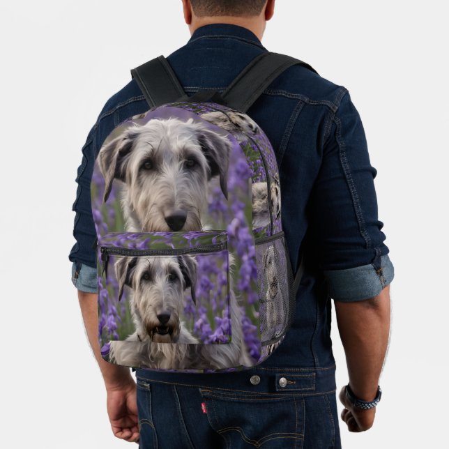 Serene Majesty: Wolfhound In Purple Iris Field, Printed Backpack (Insitu (Model))