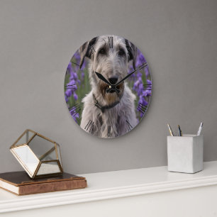Serene Majesty: Wolfhound Sitting in a Purple Iris Large Clock
