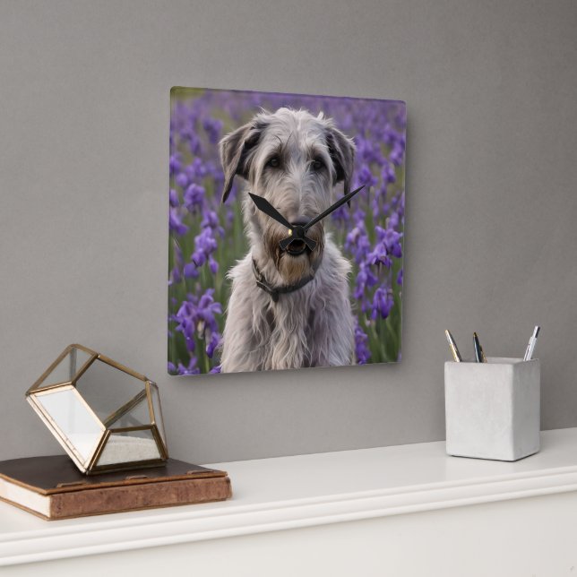 Serene Majesty: Wolfhound Sitting in a Purple Iris Square Wall Clock (Office)