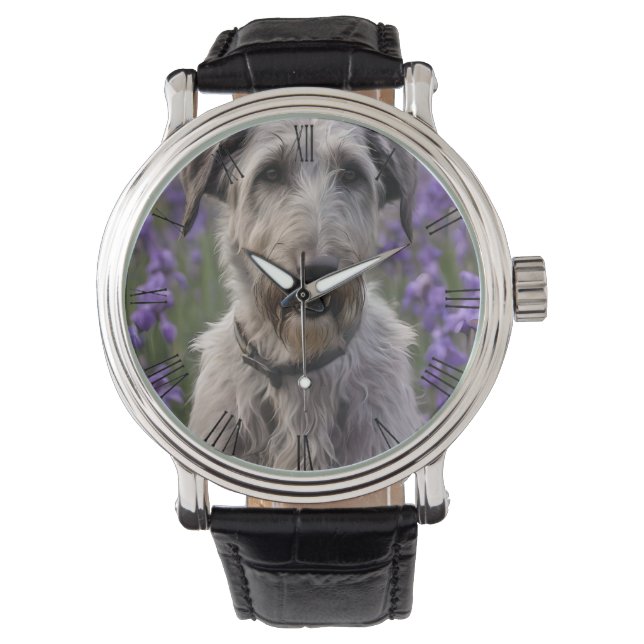 Serene Majesty: Wolfhound Sitting in a Purple Iris Watch (Front)