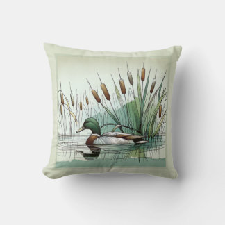 Serene Marshland Mallard Duck Amidst the Reeds Cushion