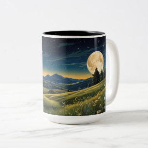 Serene Meadow Under Starry Sky  Moonlit Wild flowe Two-Tone Coffee Mug