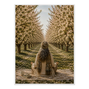 Serene Meditation in Blooming Orchard Floral Wall Poster
