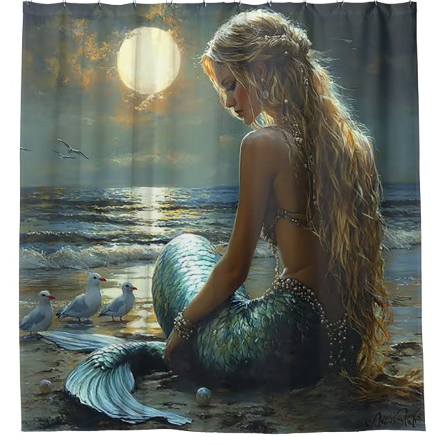 Serene Mermaid Sunset Shower Curtain (Front)