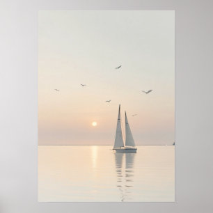 Serene Minimalist Sailing Boat Calm Waters Sunrise Poster