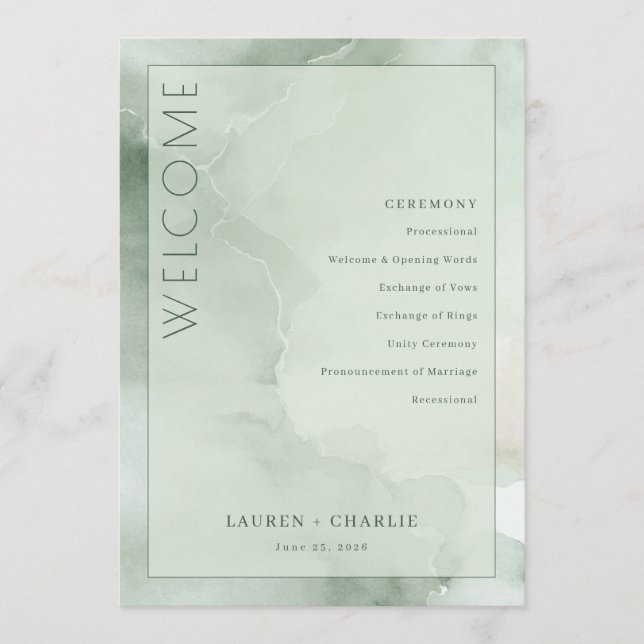 Serene Mint Watercolor Ceremony Schedule Program (Front)