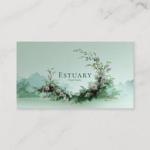 Serene Misty Lake Pale Pink Rose Floral Crescent Business Card