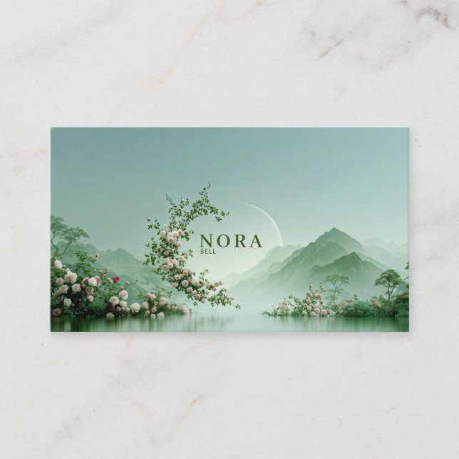 Serene Misty Lake Pale Pink Rose Zen Mountain Business Card (Front)