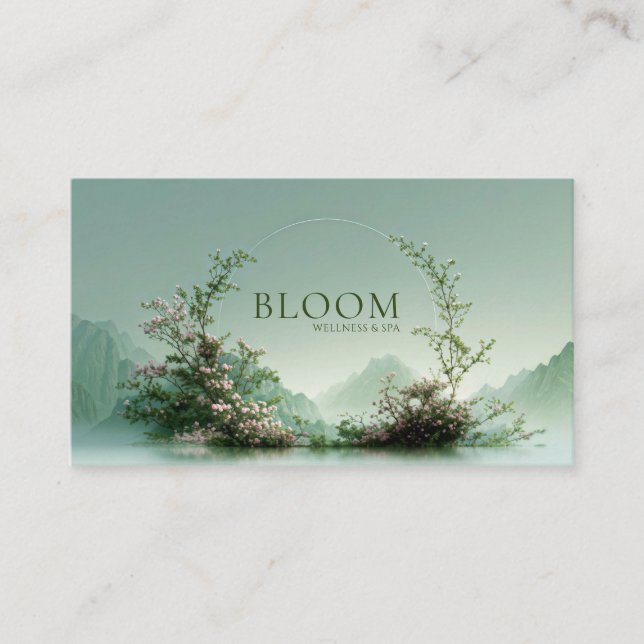 Serene Misty Lake Pink Floral Arch Mountain Zen Business Card (Front)