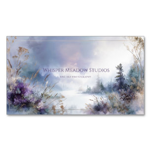 Serene Misty Lake Purple Floral Gold Sparkle Magnetic Business Card