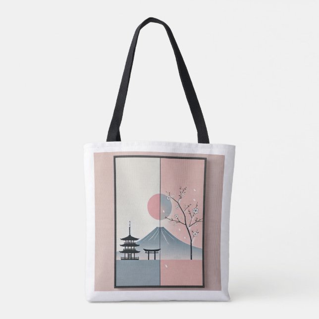 Serene Mount Fuji and Cherry Blossom Ink Art  Tote Bag (Back)