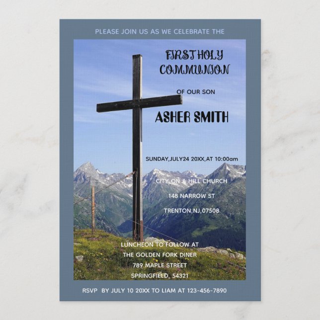 Serene Mountain Cross First Holy Communion Invite (Front)