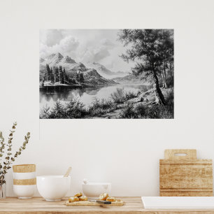 Serene Mountain Lake Black & White Art Poster
