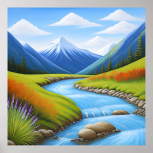Serene Mountain Landscape with Cascading Stream Poster