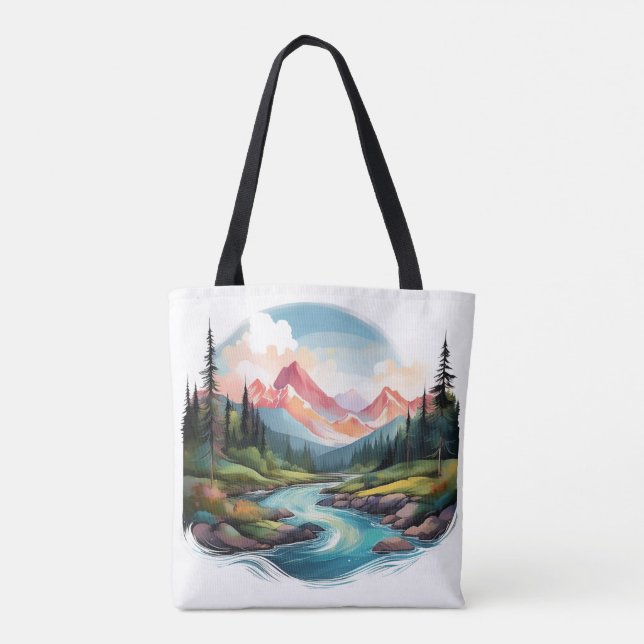 Serene Mountain Landscape with River Tote Bag (Back)