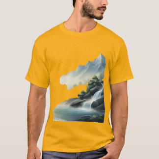 Serene Mountain Range with Waterfall  T-Shirt